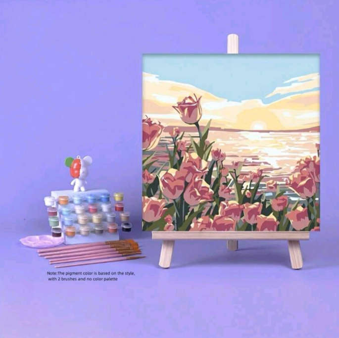 Paint by Numbers: Block Framed Pink Roses Next to the Water