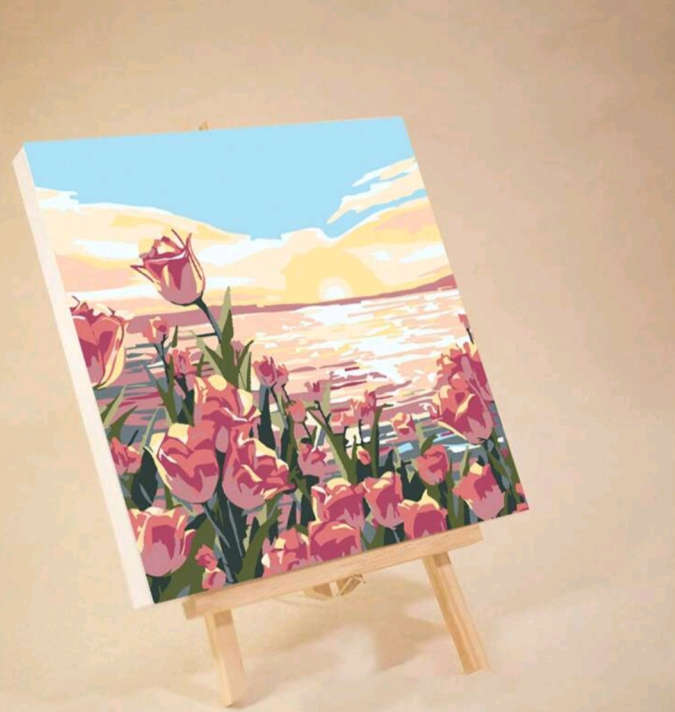 Paint by Numbers: Block Framed Pink Roses Next to the Water