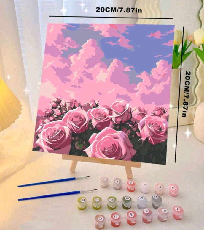 Paint by Numbers: Block Framed Pink Roses and Clouds