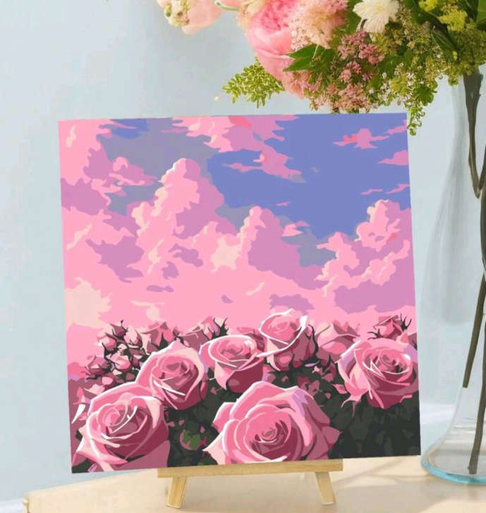 Paint by Numbers: Block Framed Pink Roses and Clouds