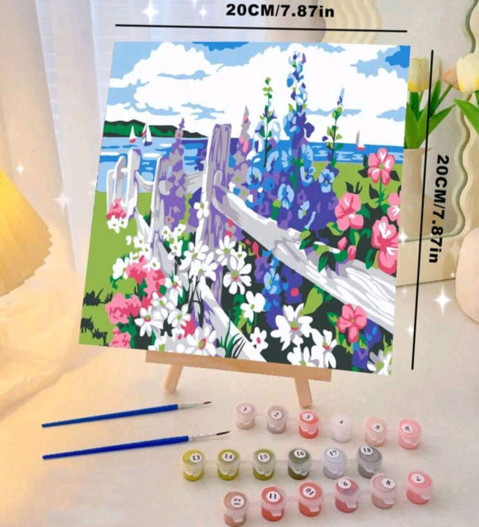 Paint by Numbers: Block Framed White Picket Fence with Flowers