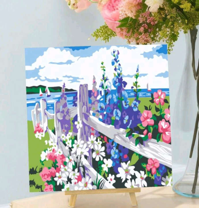 Paint by Numbers: Block Framed White Picket Fence with Flowers