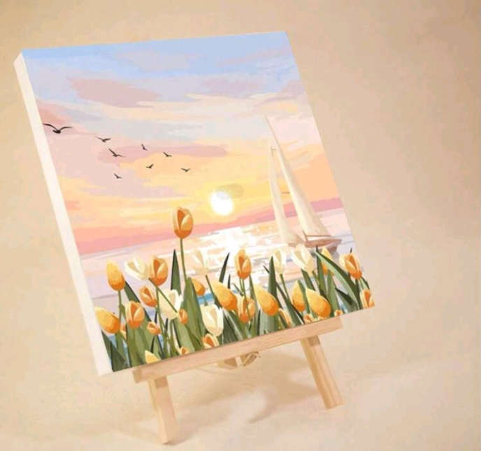 Paint by Numbers: Block Framed Yellow Tulips Lake View