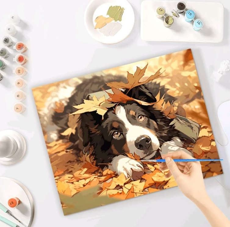 Paint by Numbers: Dog Covered in Leaves