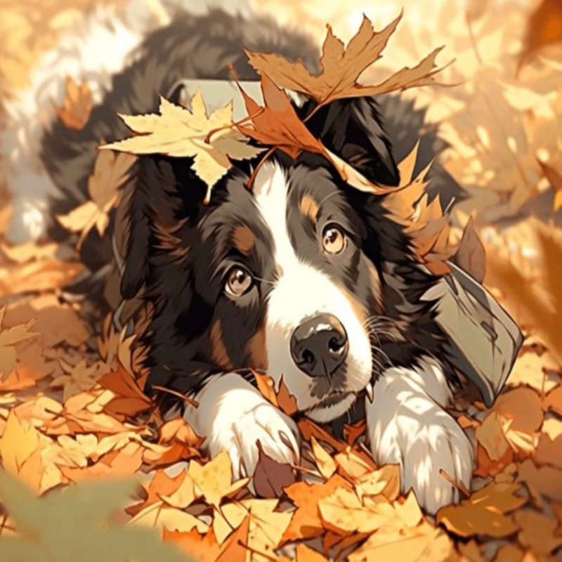 Paint by Numbers: Dog Covered in Leaves