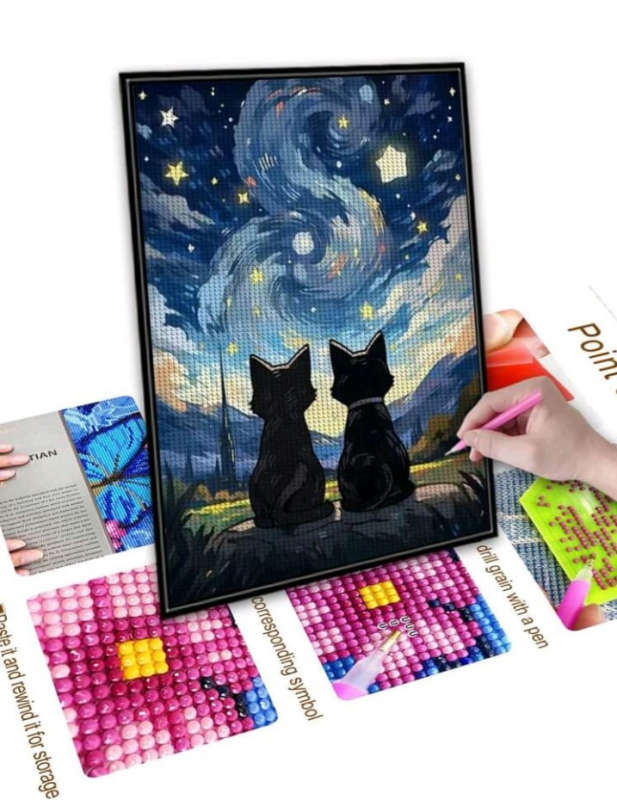 Diamond Dotting: 2 Cats in the Night Sky