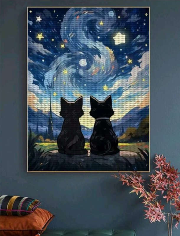Diamond Dotting: 2 Cats in the Night Sky