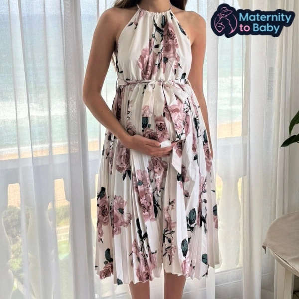 Elegant White Floral Halterneck Maternity Dress