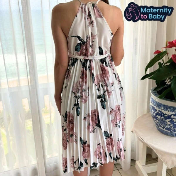 Elegant White Floral Halterneck Maternity Dress