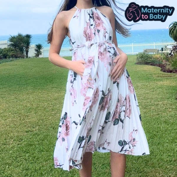 Elegant White Floral Halterneck Maternity Dress