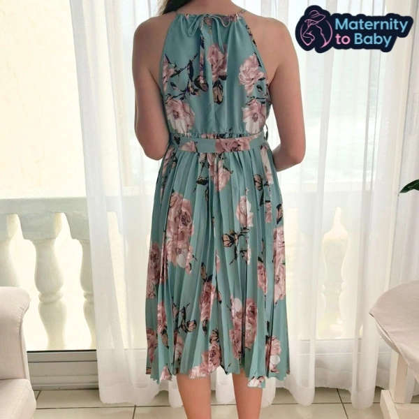 Elegant Green Floral Halterneck Maternity Dress