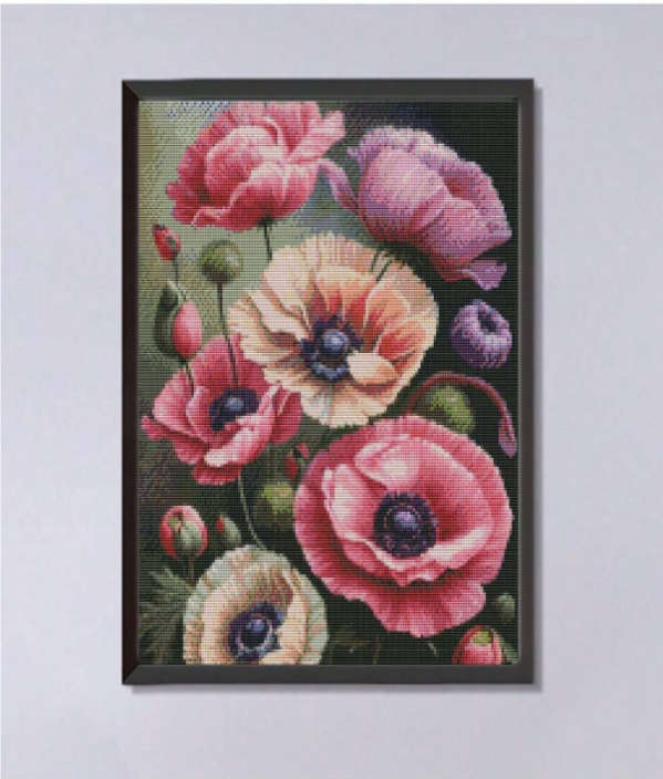Cross-Stitching: Pink Poppy Flowers