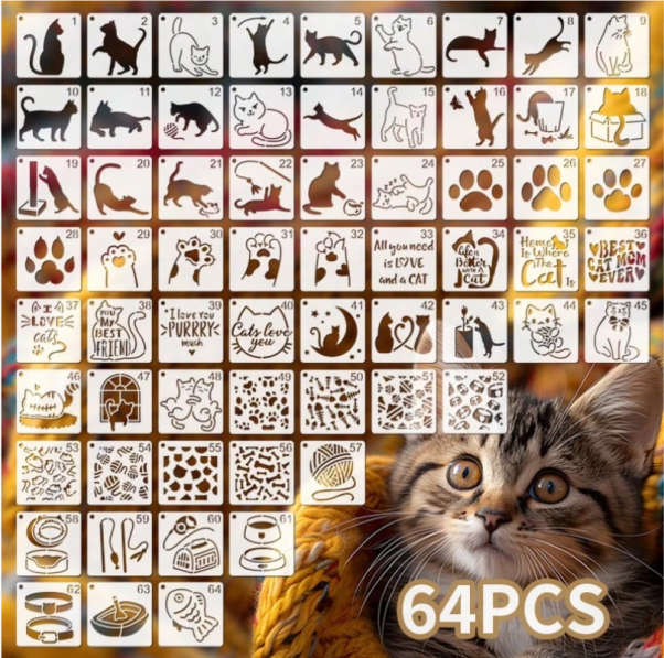 PVC Stencil: 64pcs Cat-Themed Stencil