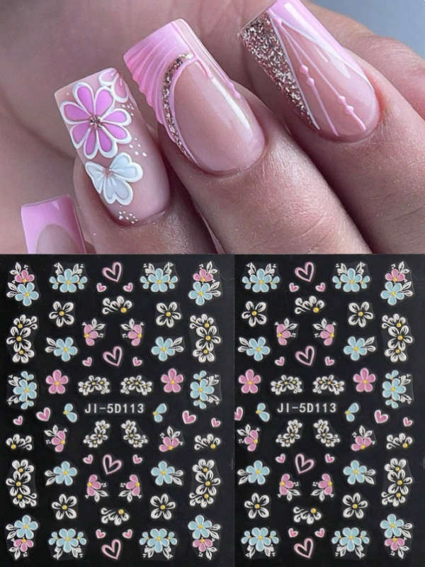 2pcs 5D Colourful Flowers Nail Art Stickers