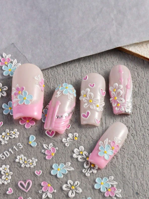 2pcs 5D Colourful Flowers Nail Art Stickers