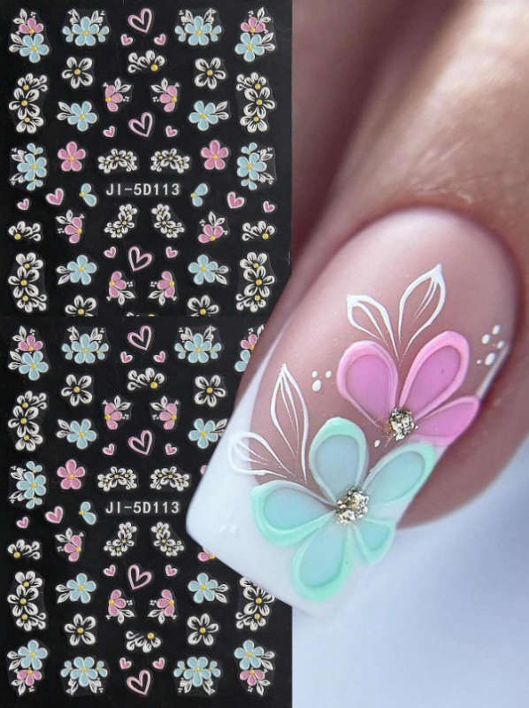 2pcs 5D Colourful Flowers Nail Art Stickers