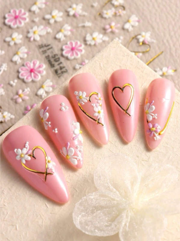 2pcs 5D Flowers and Hearts Nail Art Stickers