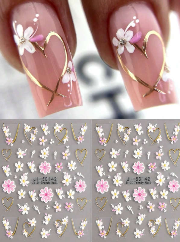 2pcs 5D Flowers and Hearts Nail Art Stickers