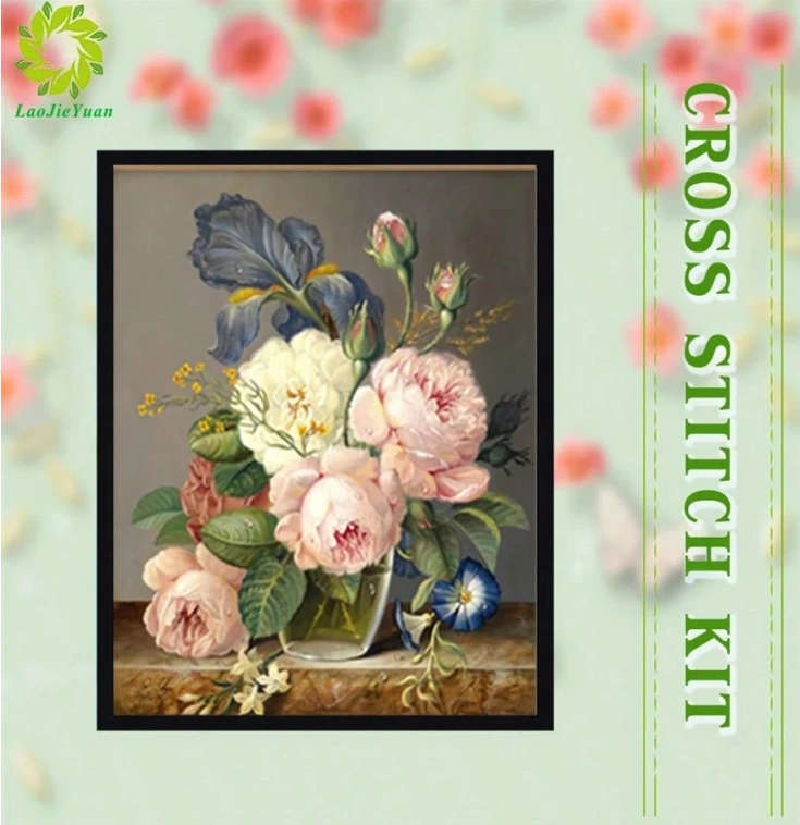 Cross-Stitching: White and Pink Roses