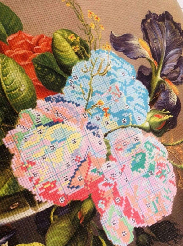 Cross-Stitching: White and Pink Roses