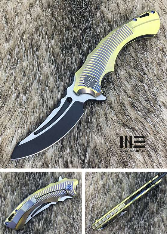 We Knife 713B Black/White Ti Handle Black Stonewash Blade Bohler M390 Blade Gold Ti Handle Black ...