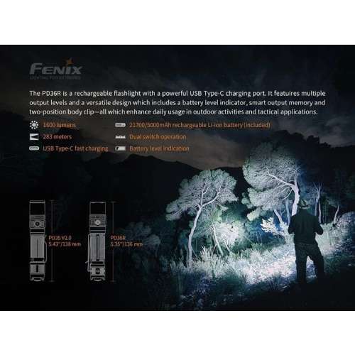 Fenix Flashlight PD36R, 1600 Lumens - Rechargeable