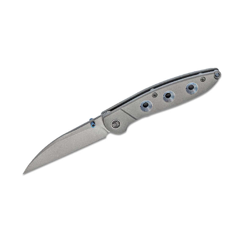 We Knife Blue Anodized Holes Grey TI Handle Knife- 908B