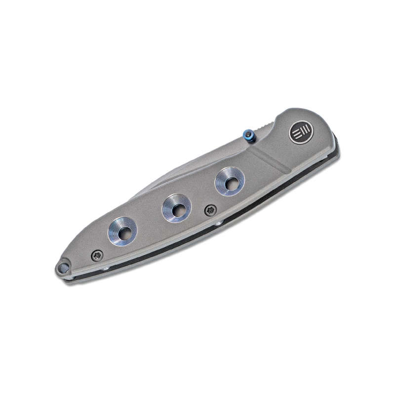 We Knife Blue Anodized Holes Grey TI Handle Knife- 908B