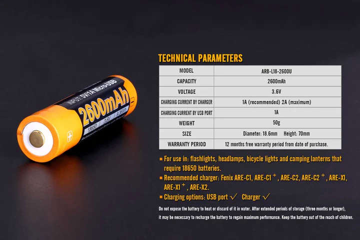 Fenix ARB-L18-2600U 2600 mah 18650 battery