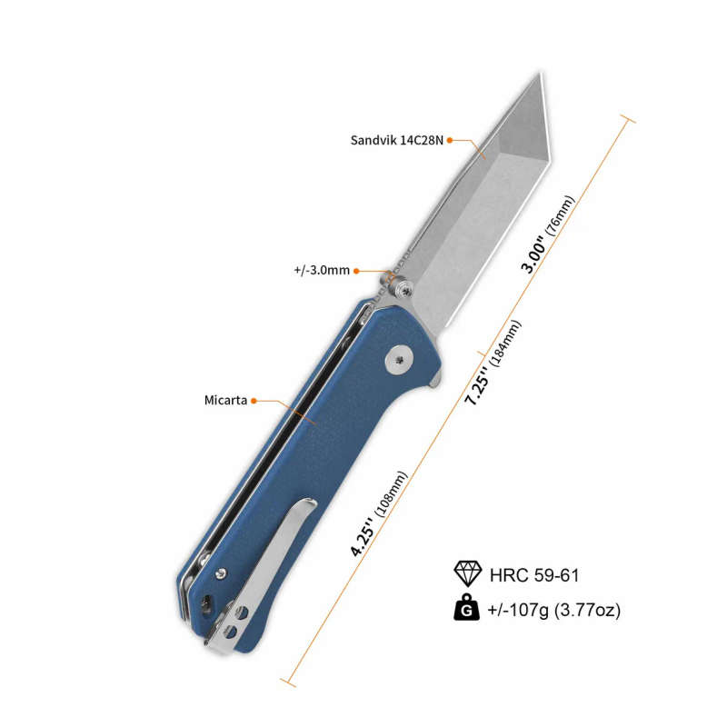 QSP Grebe T button Lock, 14c28n Stonewashed, Blue Micarta Handle - QS148-B1