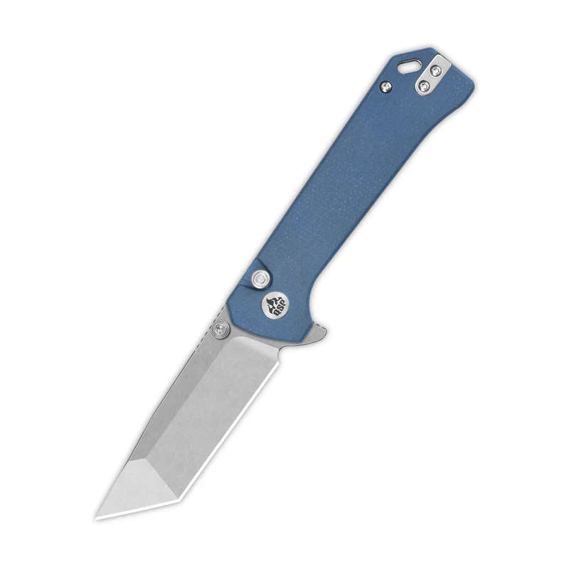 QSP Grebe T button Lock, 14c28n Stonewashed, Blue Micarta Handle - QS148-B1