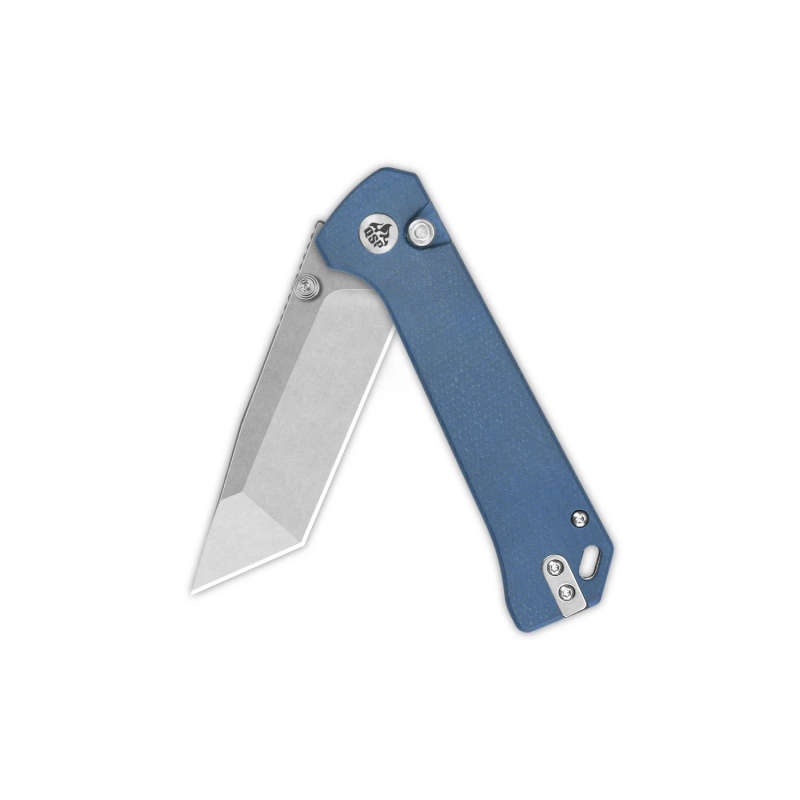 QSP Grebe T button Lock, 14c28n Stonewashed, Blue Micarta Handle - QS148-B1