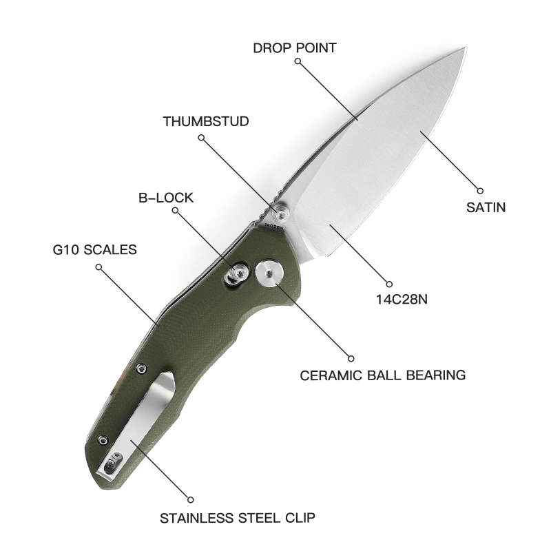 Bestechman Ronan Satin G10 OD Green Folding Knife - 14C28N - BMK02B