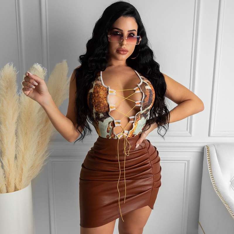 Summer Women PU Leather Mini Pleated Short Skirt
