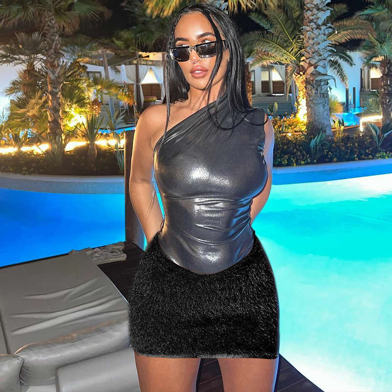 Single shoulder women's party mini dress - Black / S
