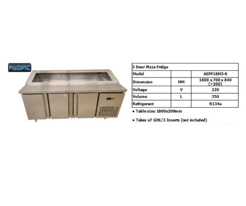 PACIFIC Underbar Cooler 3 Door - Steel Doors - Pizza Top