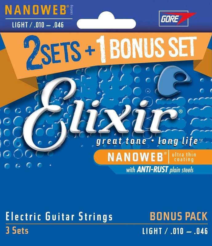 Elixir Nanoweb Light 10-46 Electric Guitar Strings 3-Pack