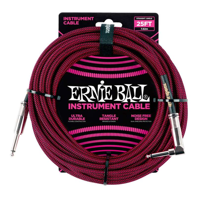 Ernie Ball 25' Braided Straight/Angle Instrument Cable - Black/Red