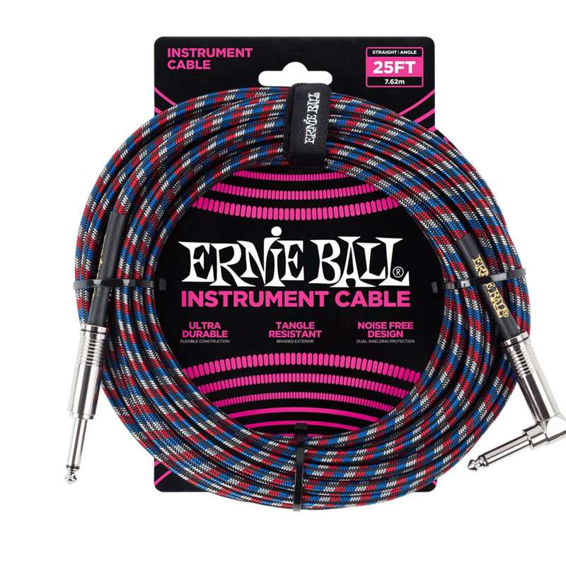 Ernie Ball 7.6m Braided Straight/Angled Instrument Cable - Black/Red/Blue/White