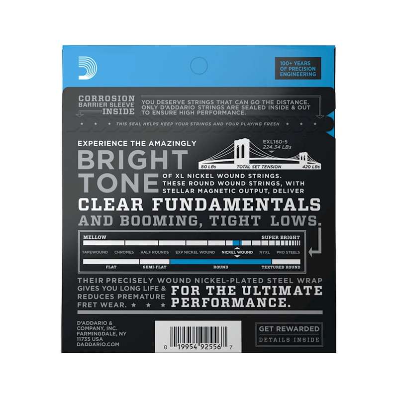 D'Addario EXL160-5 Long Scale 5-String Bass Guitar Strings (50-135)