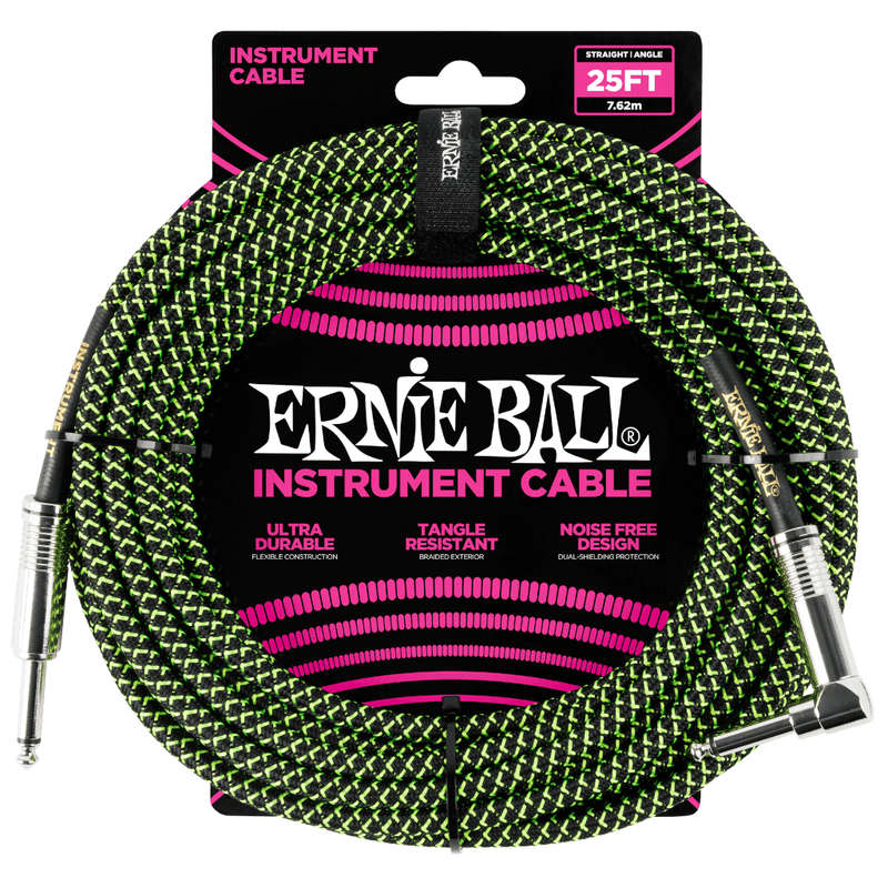 Ernie Ball 7.6m Braided Straight/Angle Instrument Cable - Black/Green