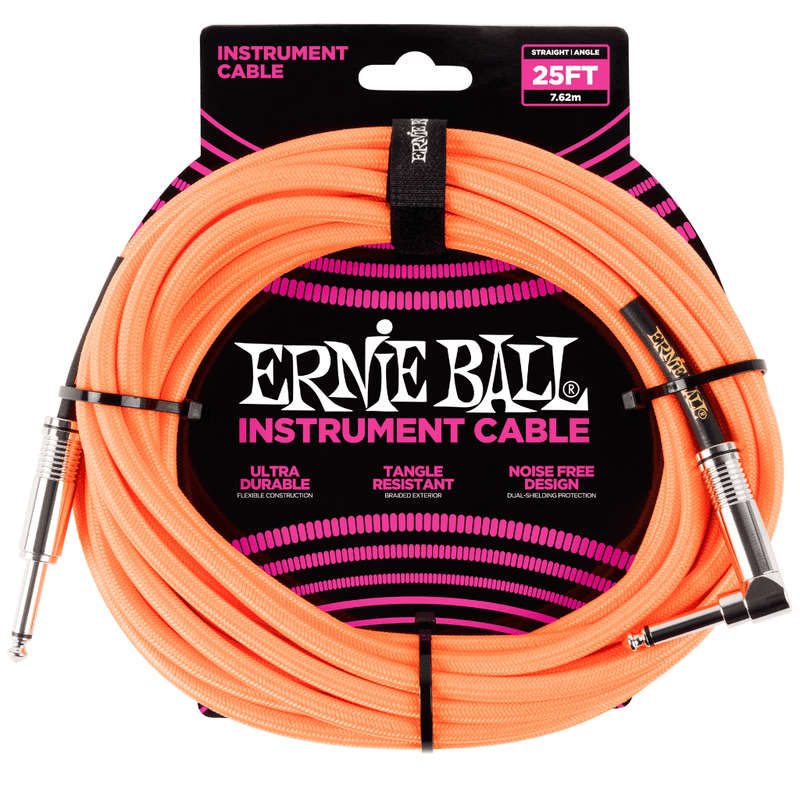Ernie Ball 7.6m Braided Straight/Angle Instrument Cable - Neon Orange