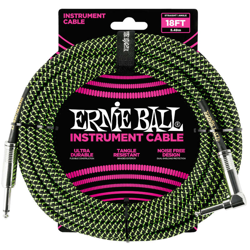 Ernie Ball 5.5m Braided Straight/Angle Instrument Cable - Black/Green
