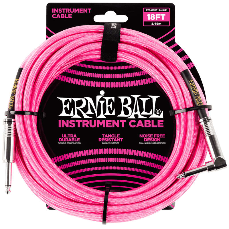 Ernie Ball 5.5m Braided Straight/Angle Instrument Cable - Neon Pink