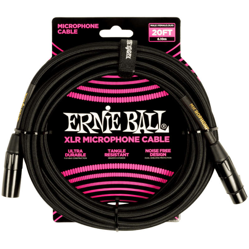 Ernie Ball Braided Male/Female XLR Mic Cable  Black - 6.1m
