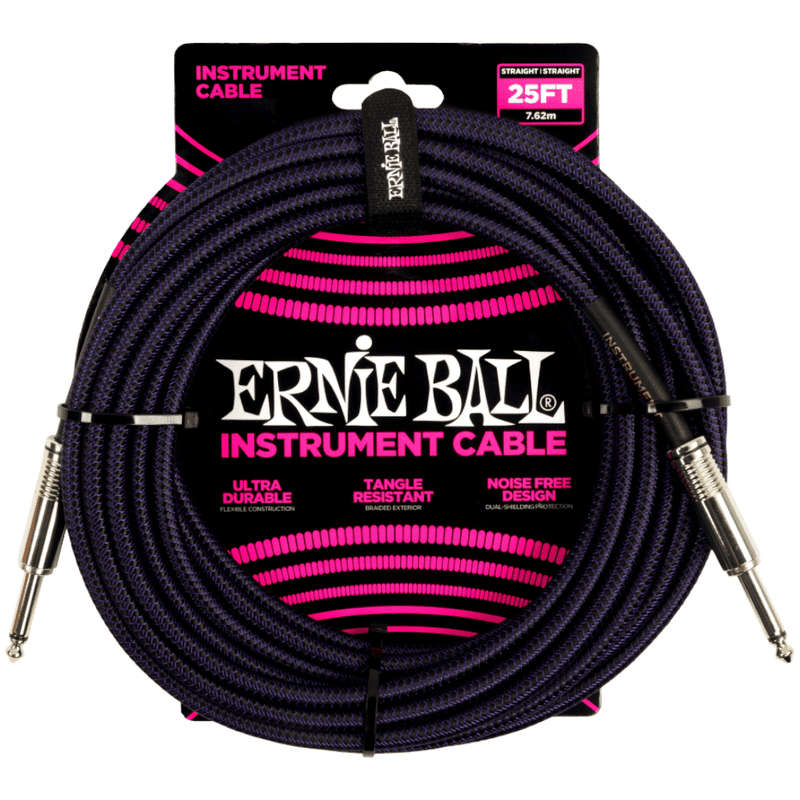 Ernie Ball Braided Straight/Straight Instrument Cable - Black/Purple - 7.6m