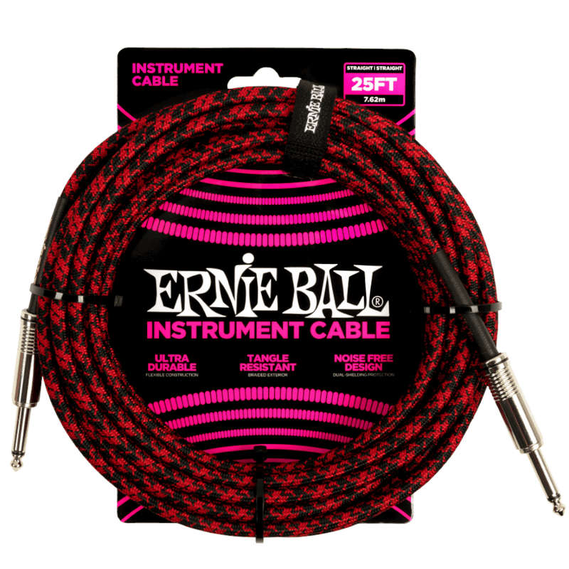 Ernie Ball Braided Straight/Straight Instrument Cable - Black/Red - 7.6m