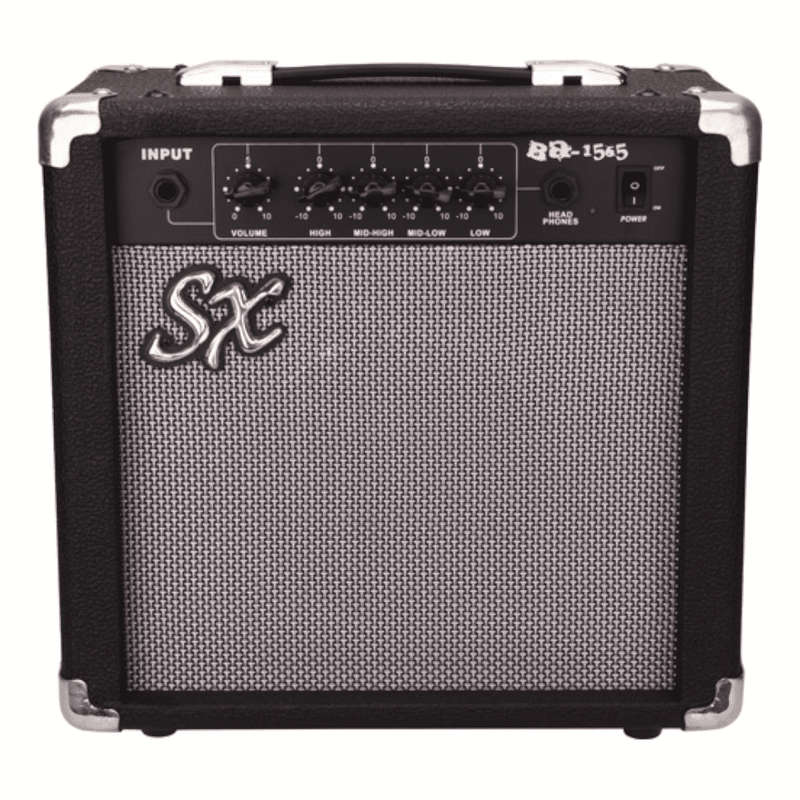 SX SB1-SK 4-String Bass Guitar and BA1565 15 Watt Bass Amp - Black