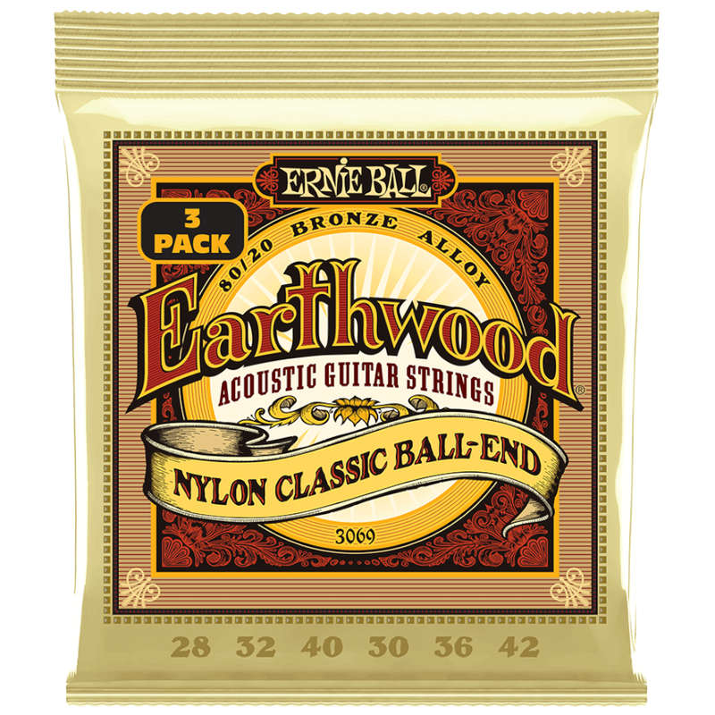 Ernie Ball Earthwood Nylon Clear &amp; Gold w/Ball End - (28-42) - 3-Pack