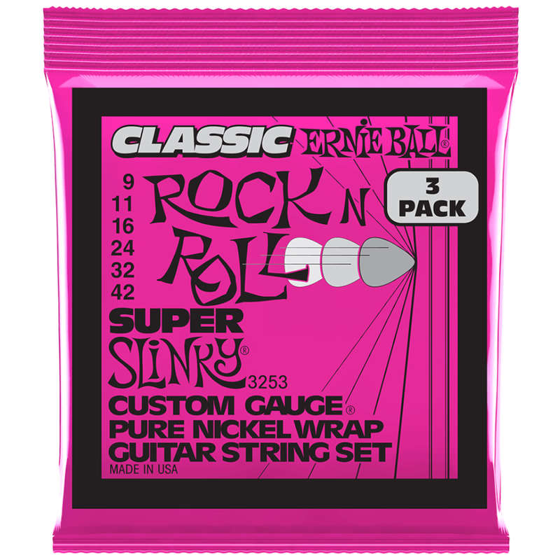 Ernie Ball Super Slinky Classic Rock n Roll Pure Nickle Wrap Electric Guitar Strings - (9-42) - 3...